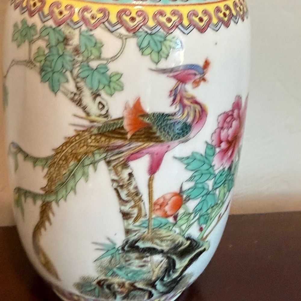 Antique Chinese Ceramic Vase w/ Bird‎ & Floral Design signed w/ poem enscribed